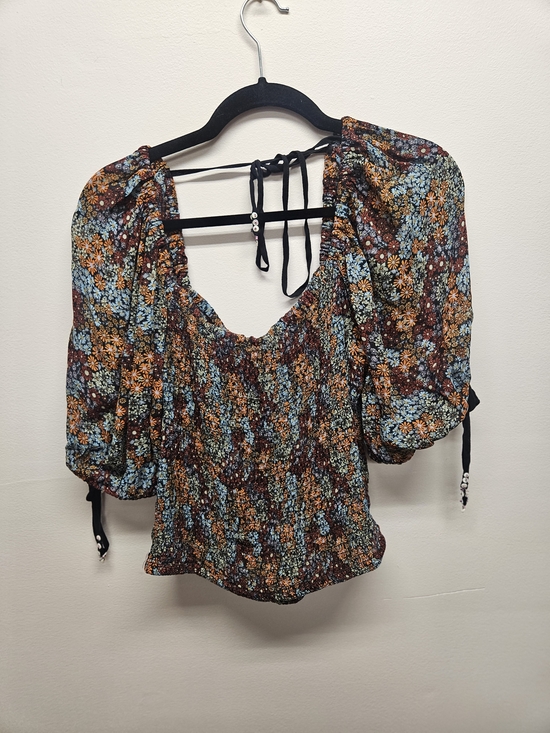Free People Tops - Free People Floral Smocked Puff-Sleeve Peasant Top - Blue & Brown & Orange